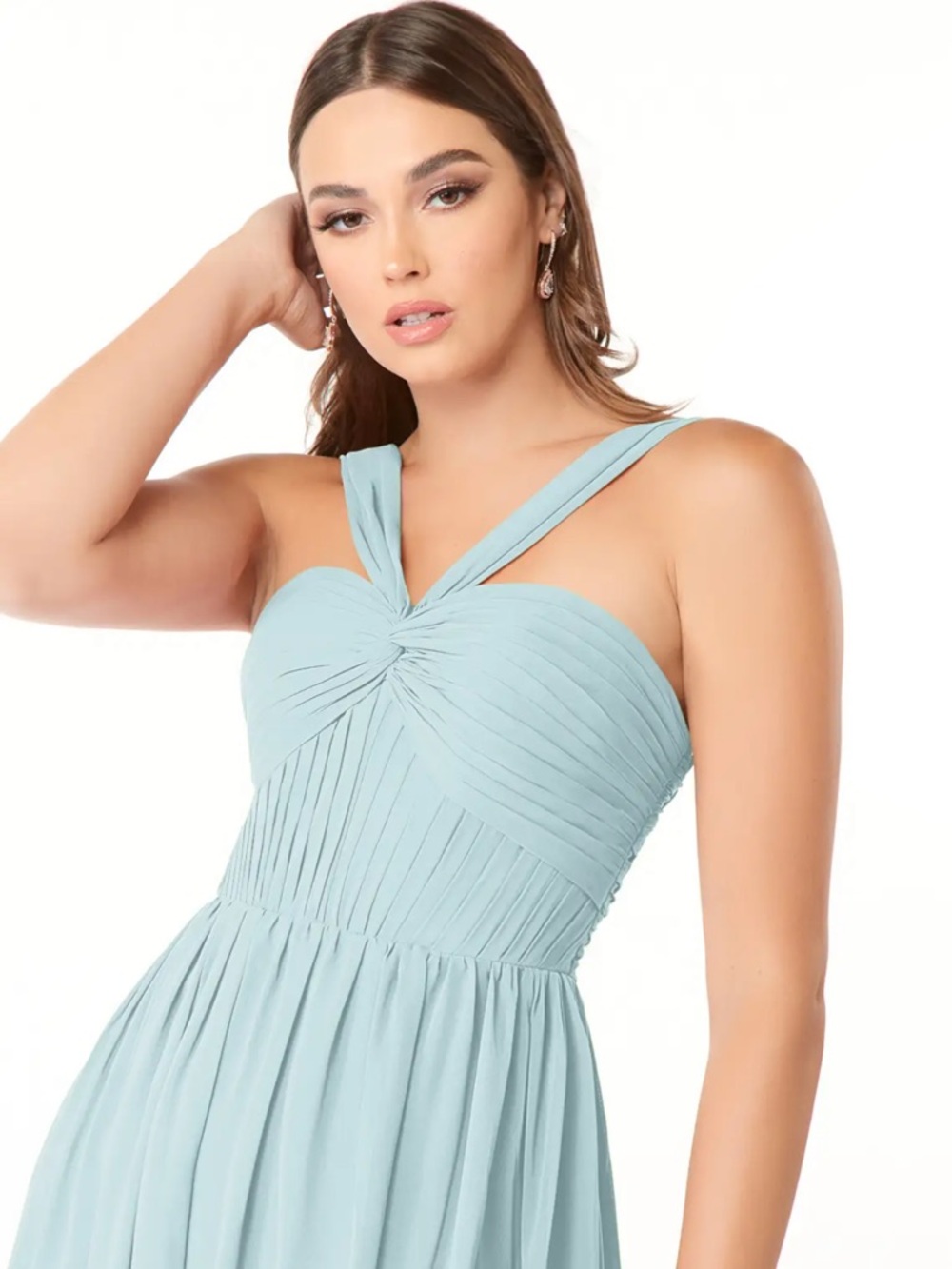 Azazie Mist Blue Twisted Strap Pleated Maxi Dress